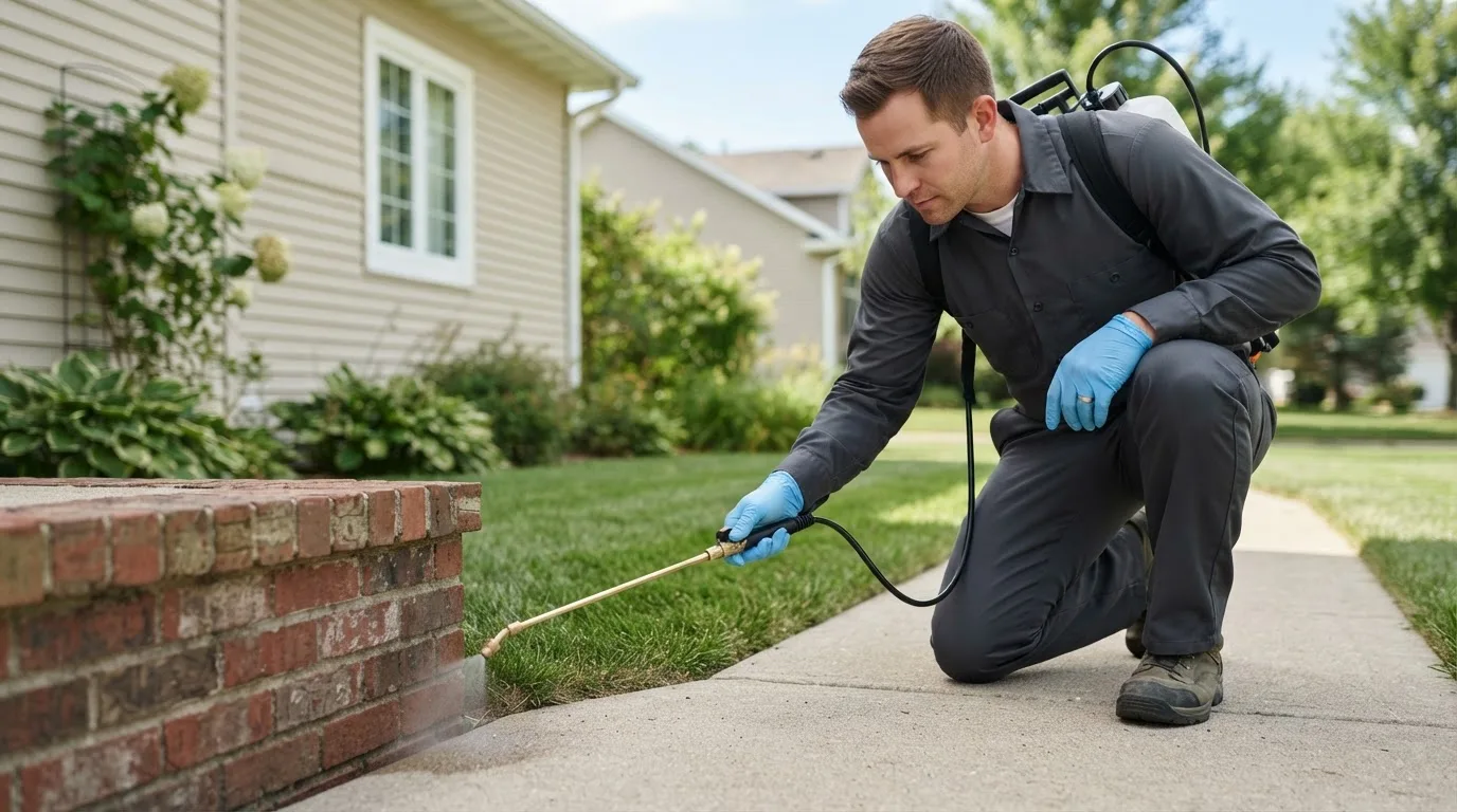 Pest control technician treating a home near Harpers Ferry, WV